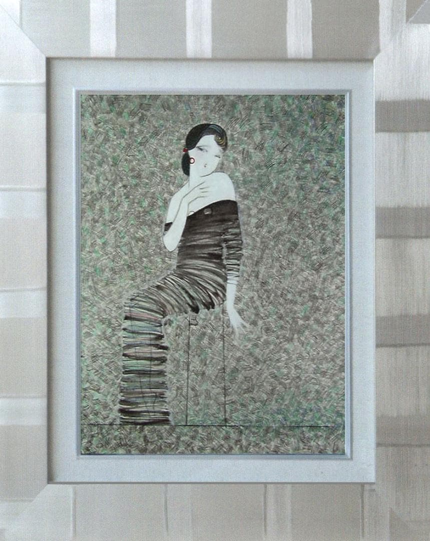 油絵 菅家令子 絵 絵画インテリア額付(青緑＋金色の枠) F6-92023 女性