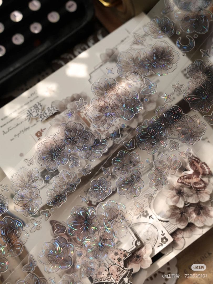 【9483】海外　5m巻　貝殻光カッティングマスキングテープ　半透明　お花系