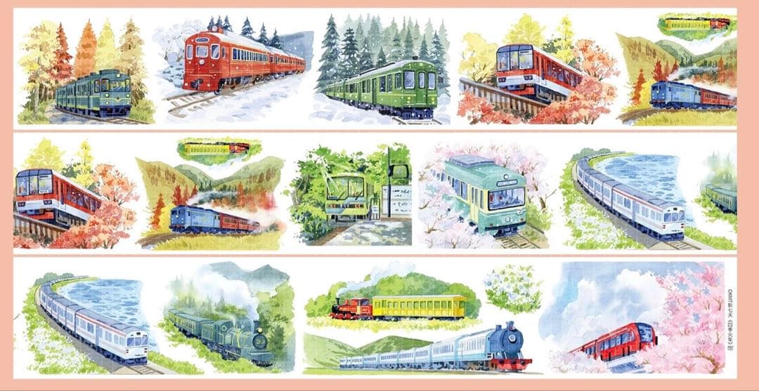 【9333】海外　マステ　5m巻　PET水晶　マスキングテープ　列車　四季