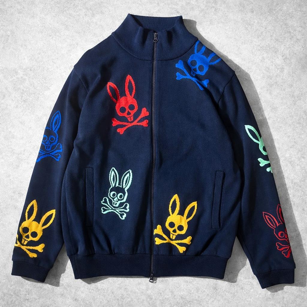 サイコバニー スカルバニー刺繍 ニットブルゾン ネイビー ジップアップ 蓄熱 L