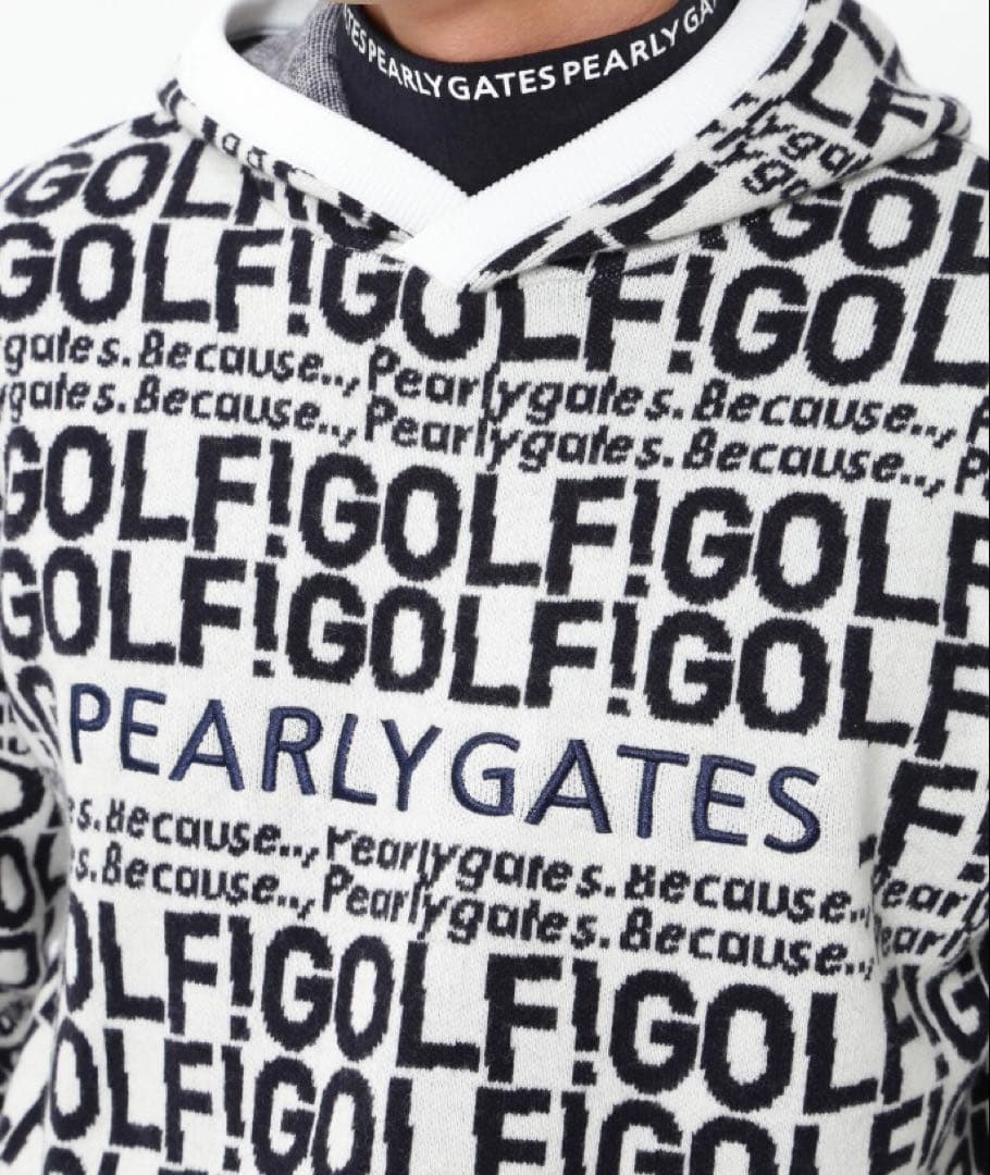 新品 パーリーゲイツ GOLF柄ジャガード ニット フーディ(4)サイズM/白