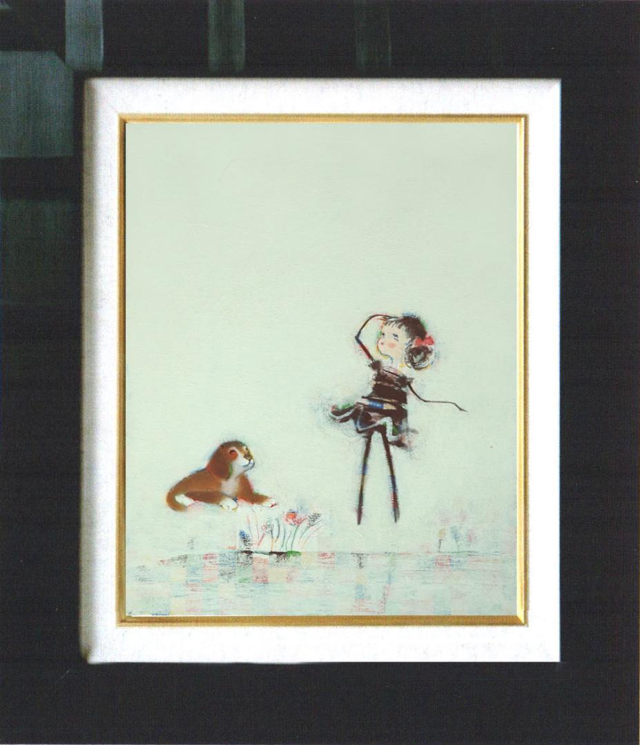 油絵菅家令子絵 絵画インテリア額付(青緑＋金色の枠)F4-072319子犬女の子