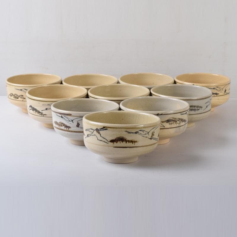茶道具　阿漕焼　鶴松図　数茶碗　十客　共箱　V　7790A