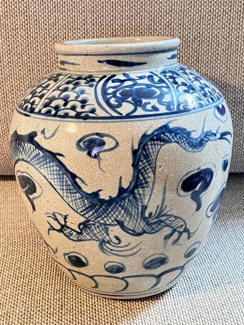 中国古玩 青花磁 元染 染付 雲龍紋 壺 花瓶 高約21cm 唐物 時代物 置物