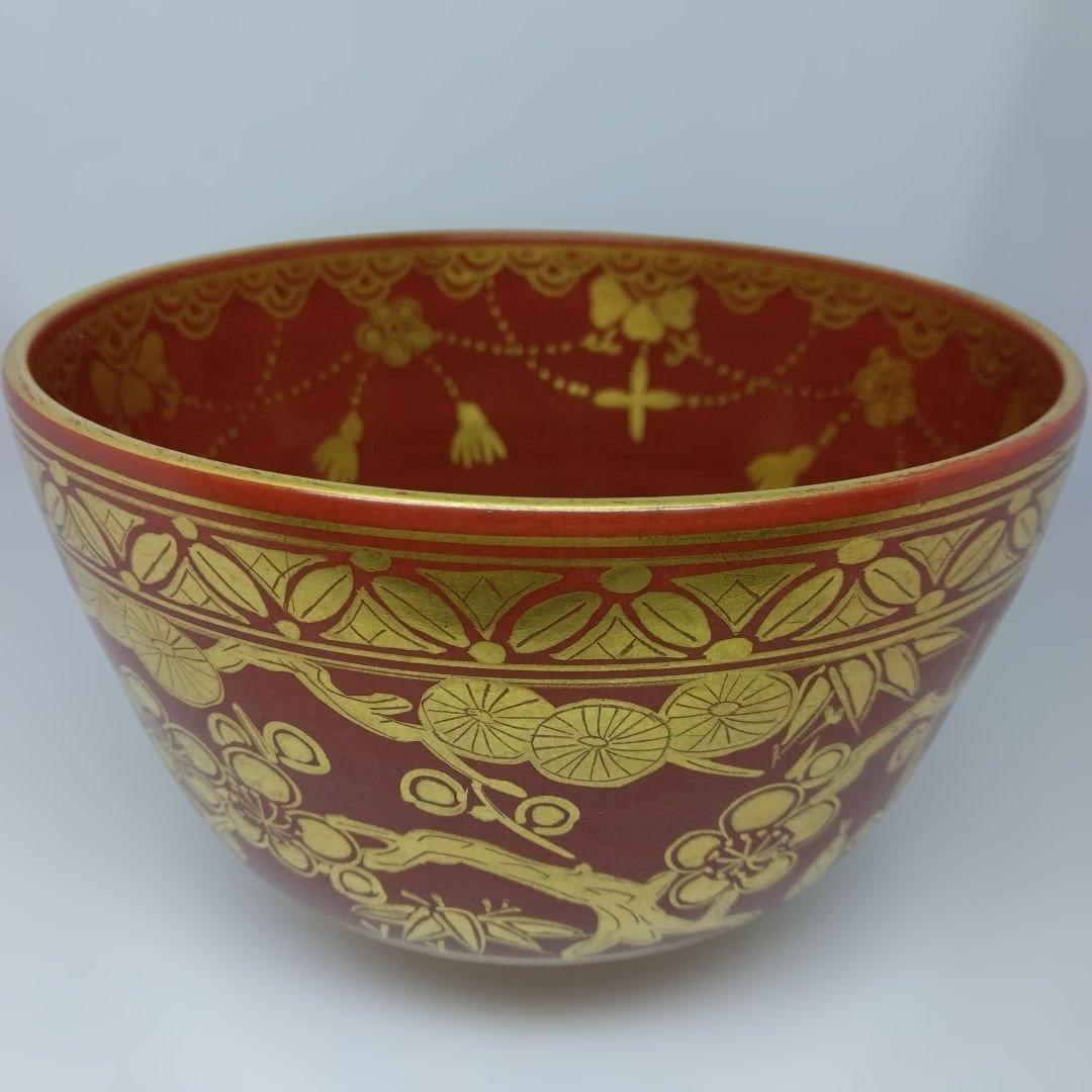 鳴滝窯 城岳造 仁清金襴松竹梅文 瓔珞紋 抹茶茶碗 共箱 共布 茶道具