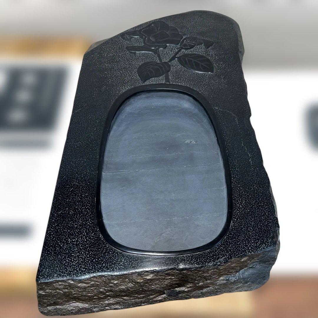 ⭕️雄勝硯　希少　超大型天然硯　伝統工芸士　杉山唐龍斎　椿花葉彫刻　35cm超