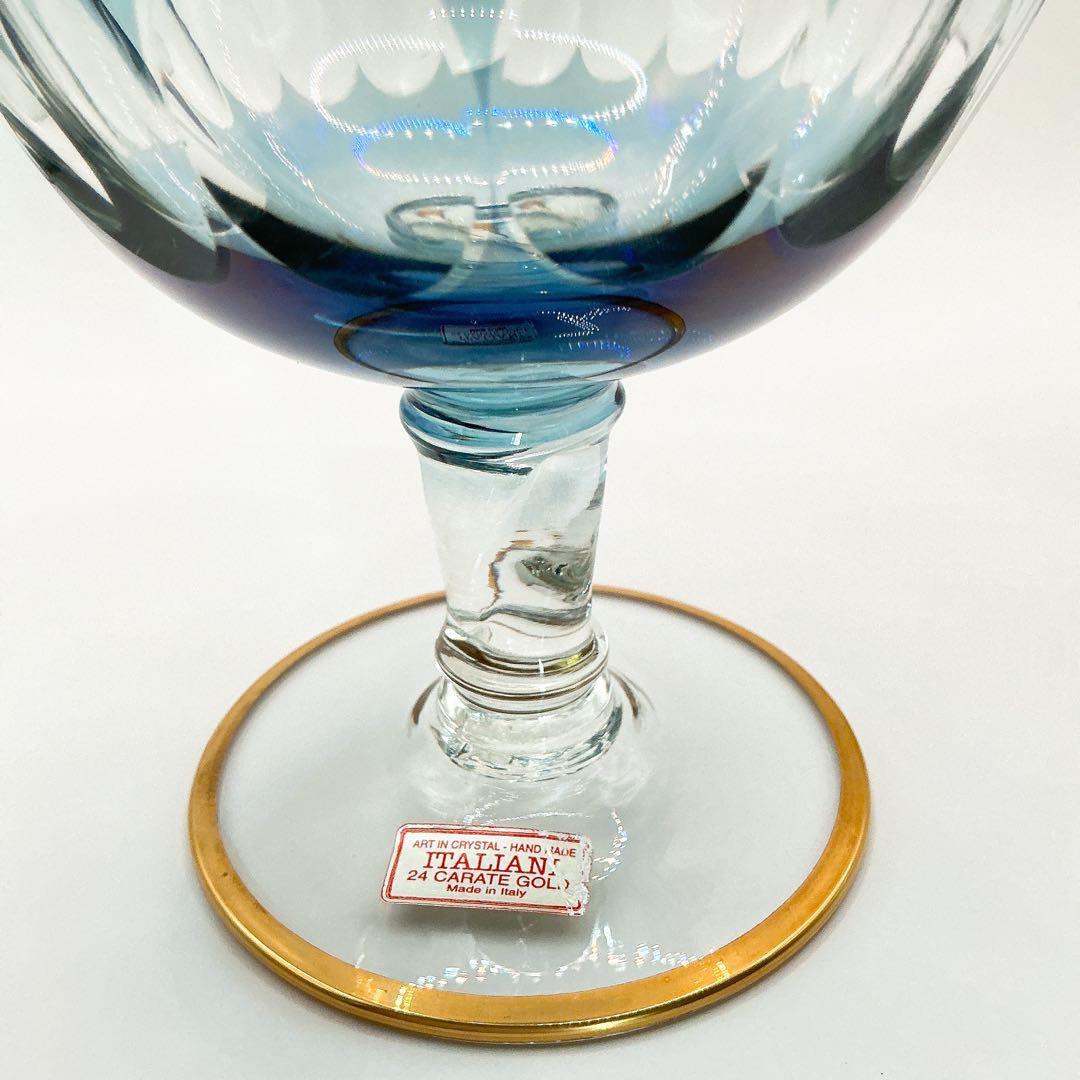 イタリア製　クリスタル　ガラス　アンティーク　脚付　24金　切子　ブルー