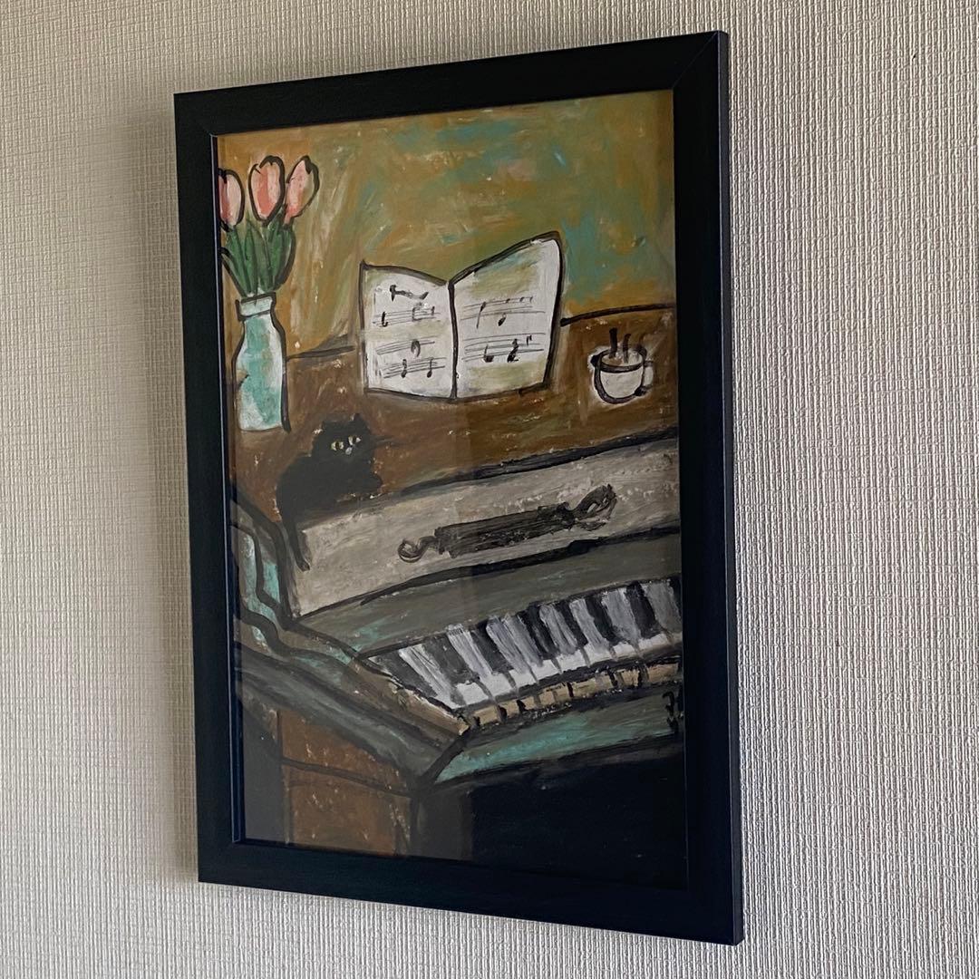 絵画。壁掛け原画【ピアノ部屋で音楽を聴くのが好きなかわいい黒猫】