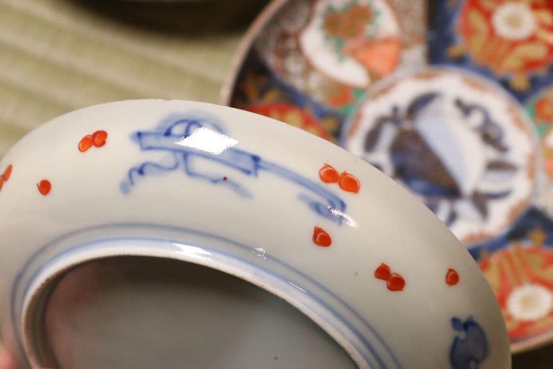 【CM48】古伊万里 色絵 五寸皿 四客 中皿 金彩 錦手 柘榴 花篭 草花