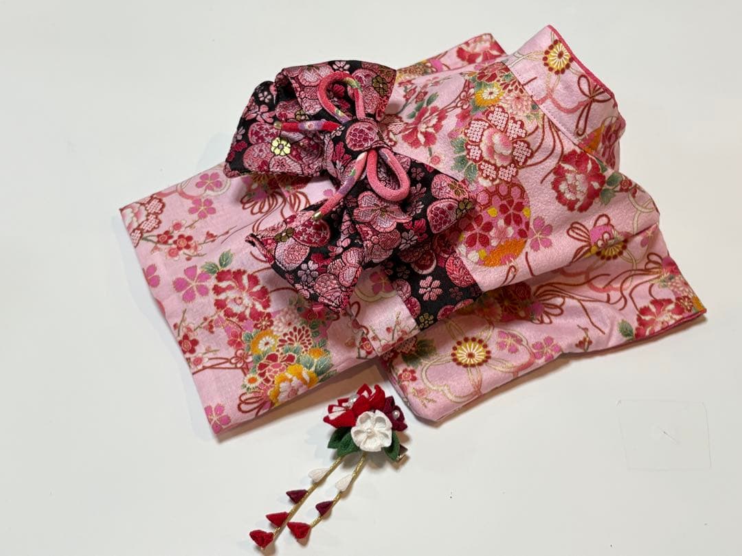 ★新作★完成品☆犬服☆つまみ細工帯飾り付き 犬用着物女の子用 華 ピンクSサイズ