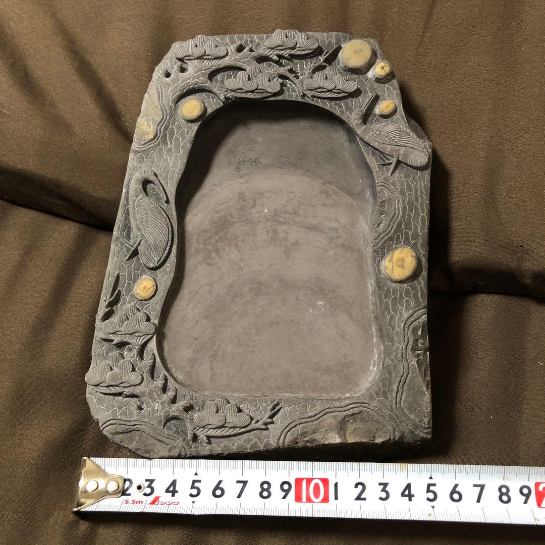 端渓名硯　中国硯　石目高級硯石　石筋模様　石眼多数　中国古美術　骨董　松刻鶴刻