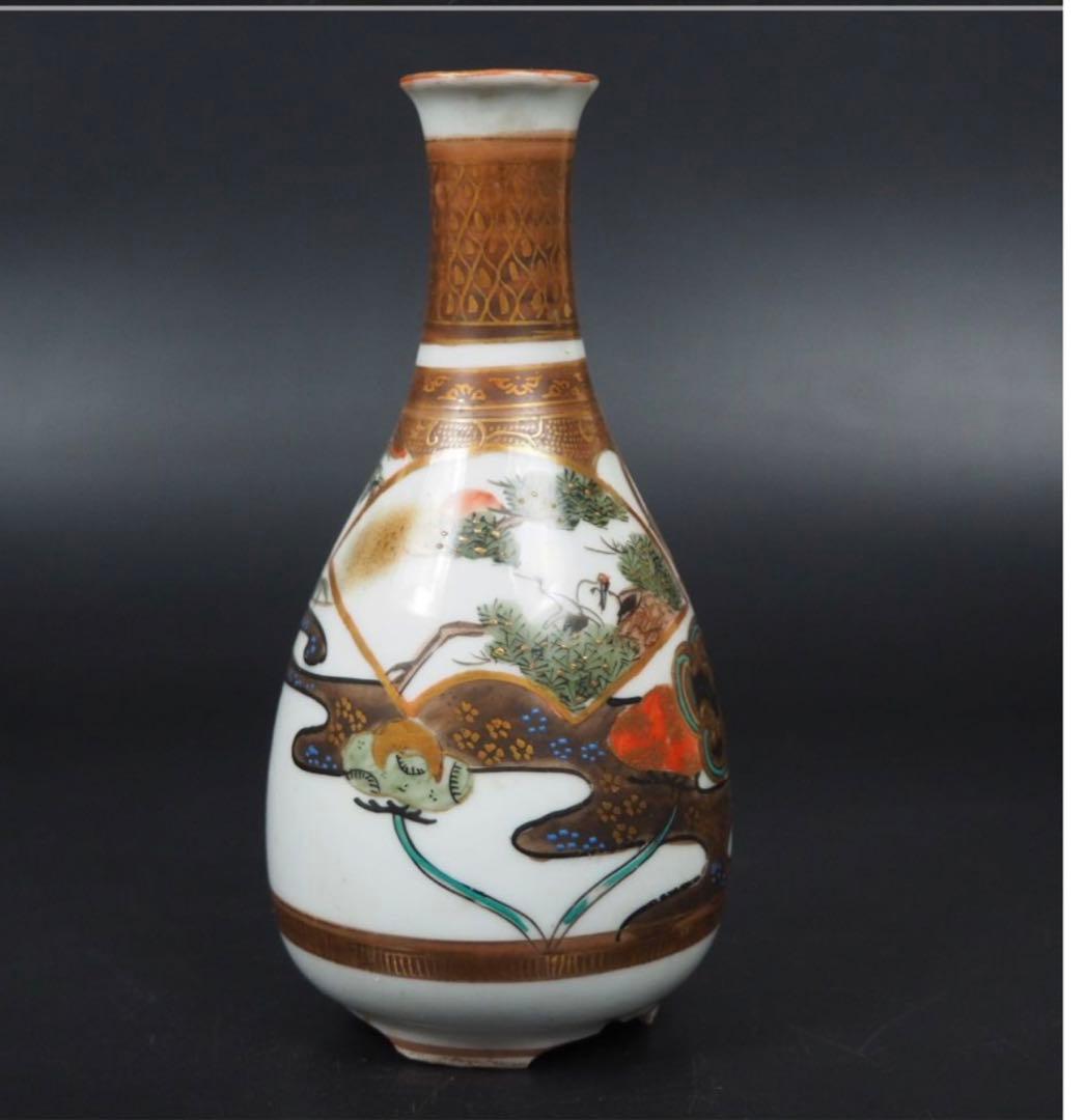 送料無料　明治～大正　古い九谷焼　松鶴梅図徳利一対　本金使用