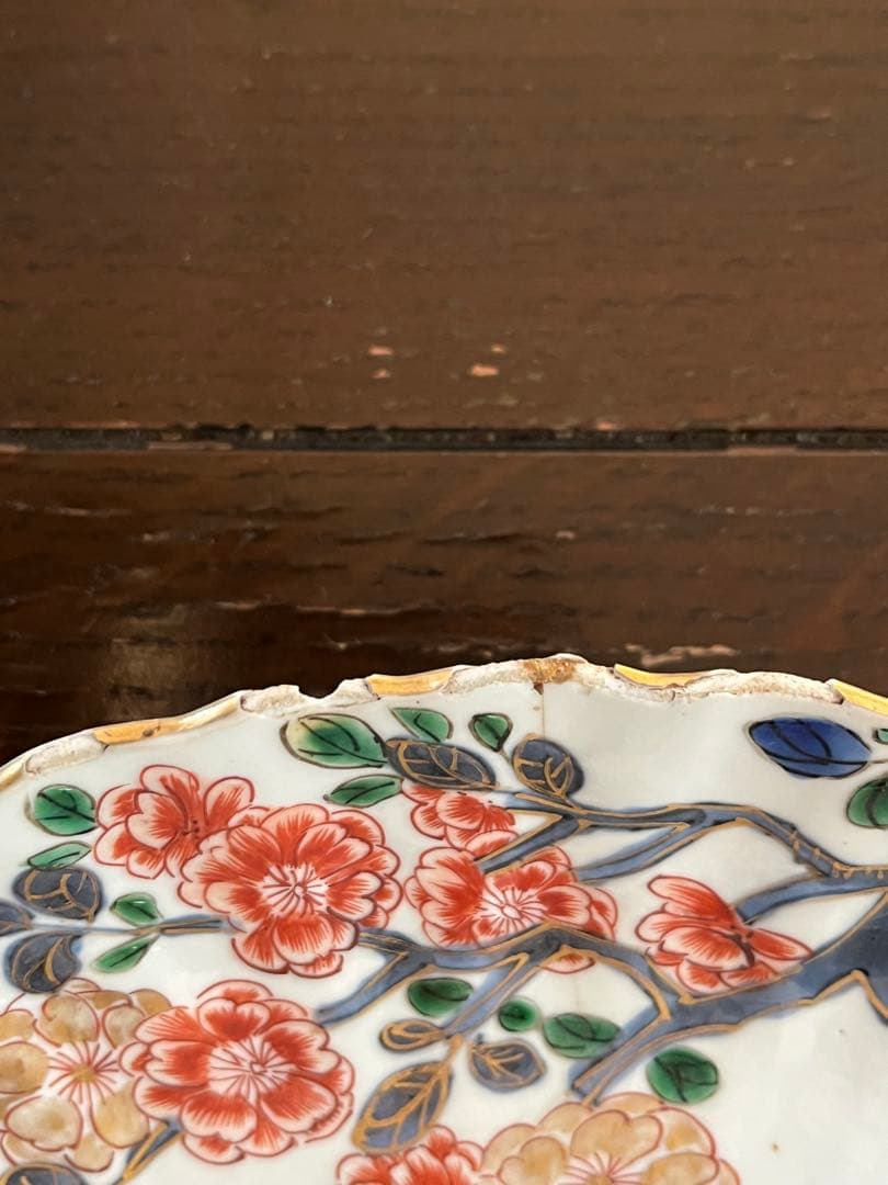 希少清朝初期　康熙年間　五彩　桜花輪花八寸皿　花籠　中国古玩古伊万里中国古美術