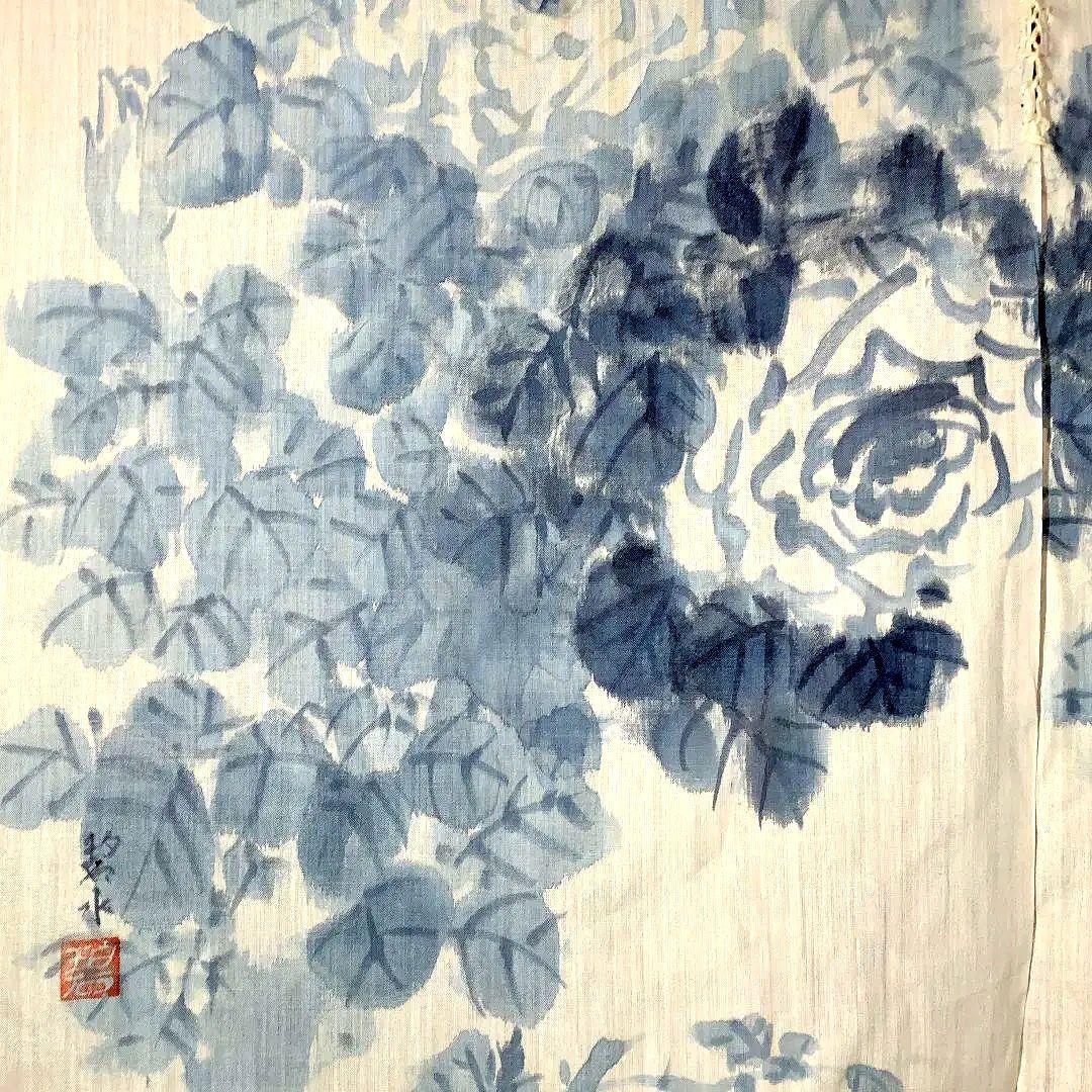 暖簾 本麻 藍墨『薔薇』水墨画家による肉筆 一点物