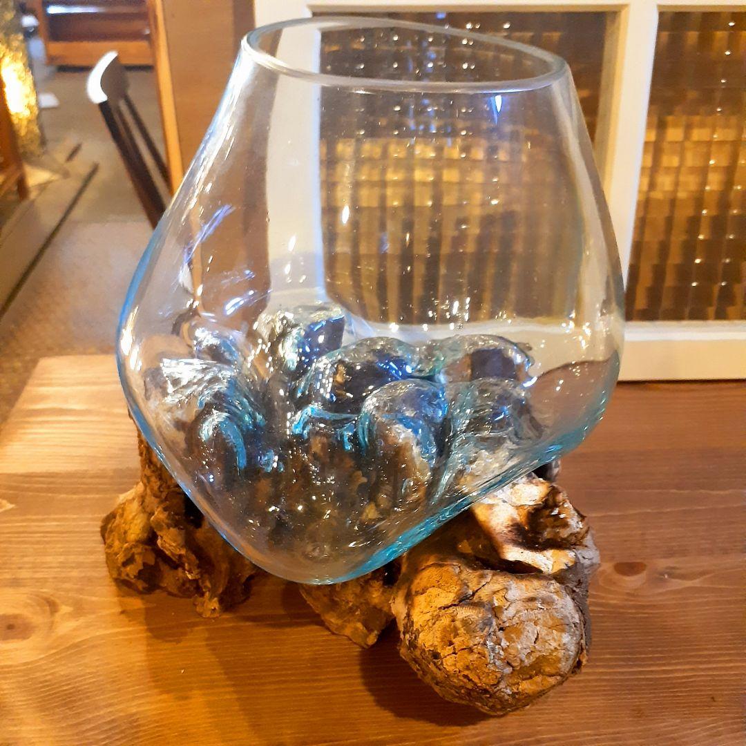 輸入雑貨　バリ島　手吹きガラスアート　オブジェ　天然木仕様　ハンドメイド