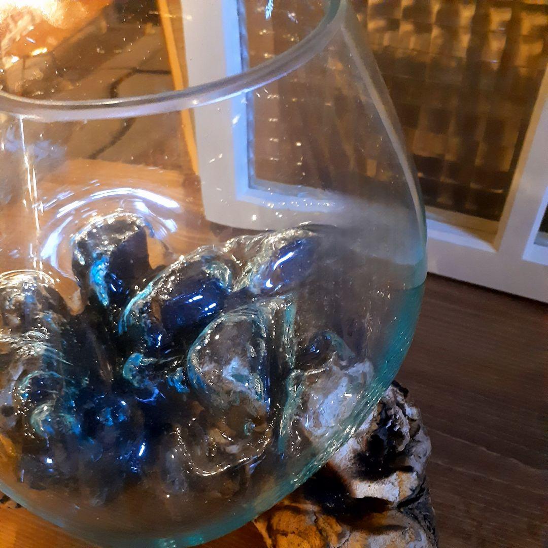 輸入雑貨　バリ島　手吹きガラスアート　オブジェ　天然木仕様　ハンドメイド