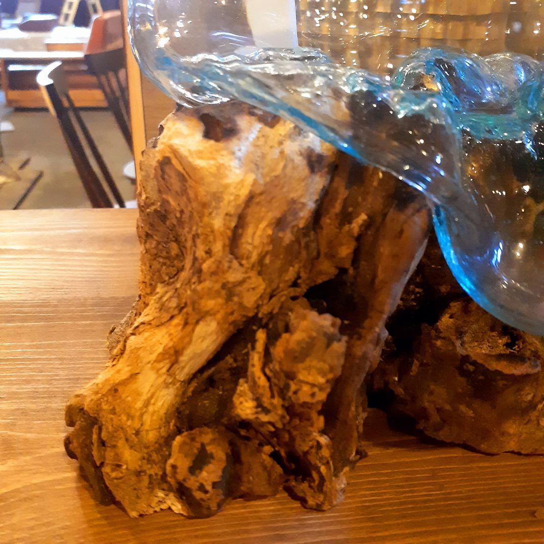 輸入雑貨　バリ島　手吹きガラスアート　オブジェ　天然木仕様　ハンドメイド