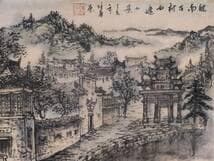 【真作】絵画　徽州古村の風景　中国山水画風　墨彩画　中国伝統建築と山水　X63