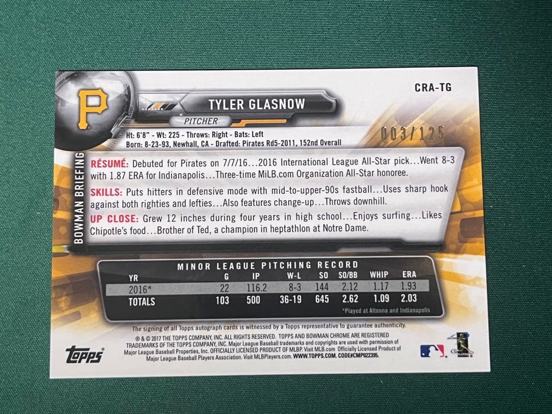 タイラー グラスノー(Tyler Gla) ルーキー直筆サインカード