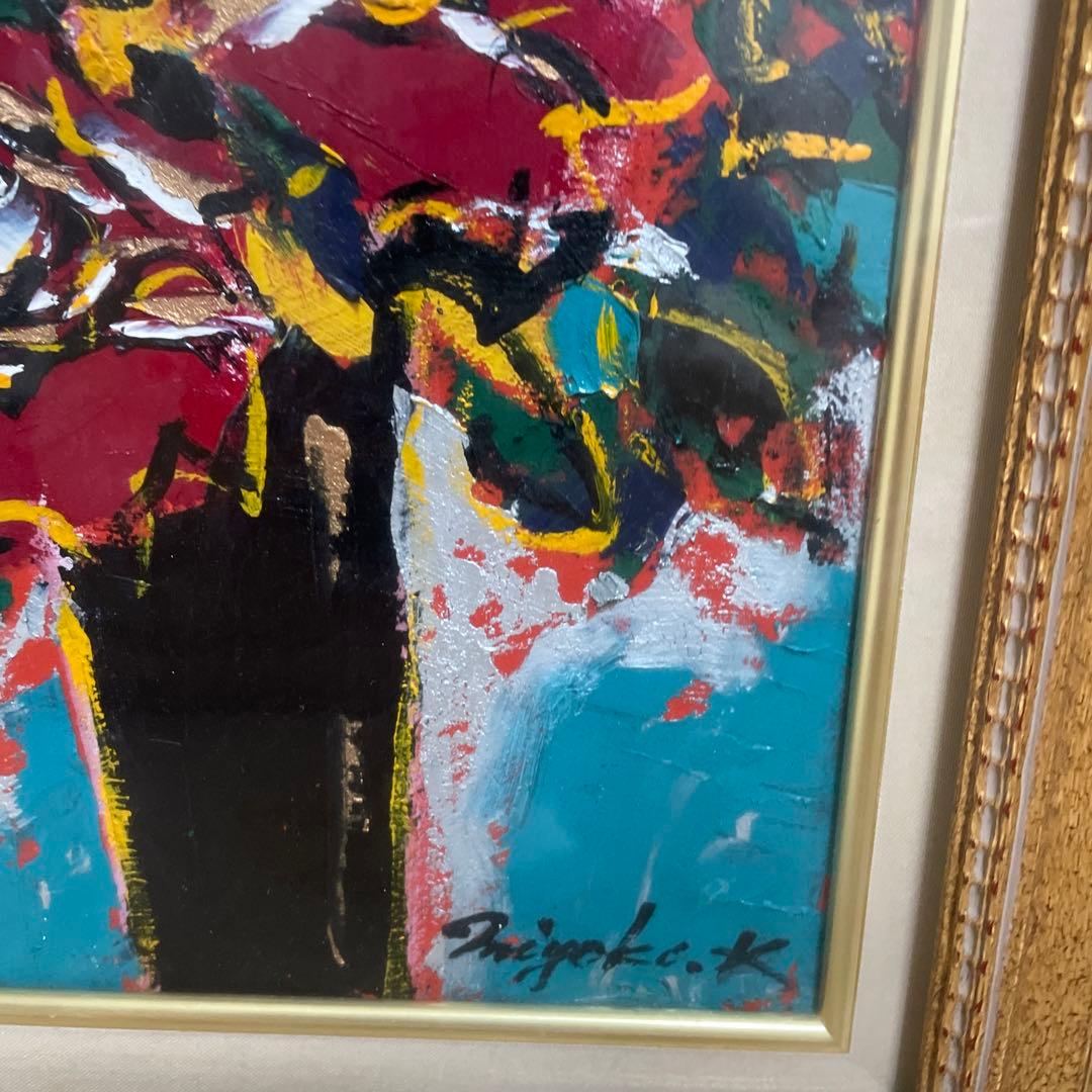 晩年の作品【真作】川島見依子 「ばら」 油彩 F3号/直筆サイン入り/晩年の名画