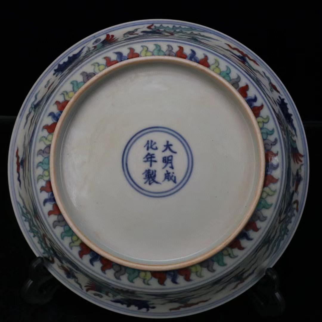 中国古美術✦大明成化紋 斗彩 双鳳呈祥図紋 観賞盤✦置物・文房具・陶芸・観賞皿