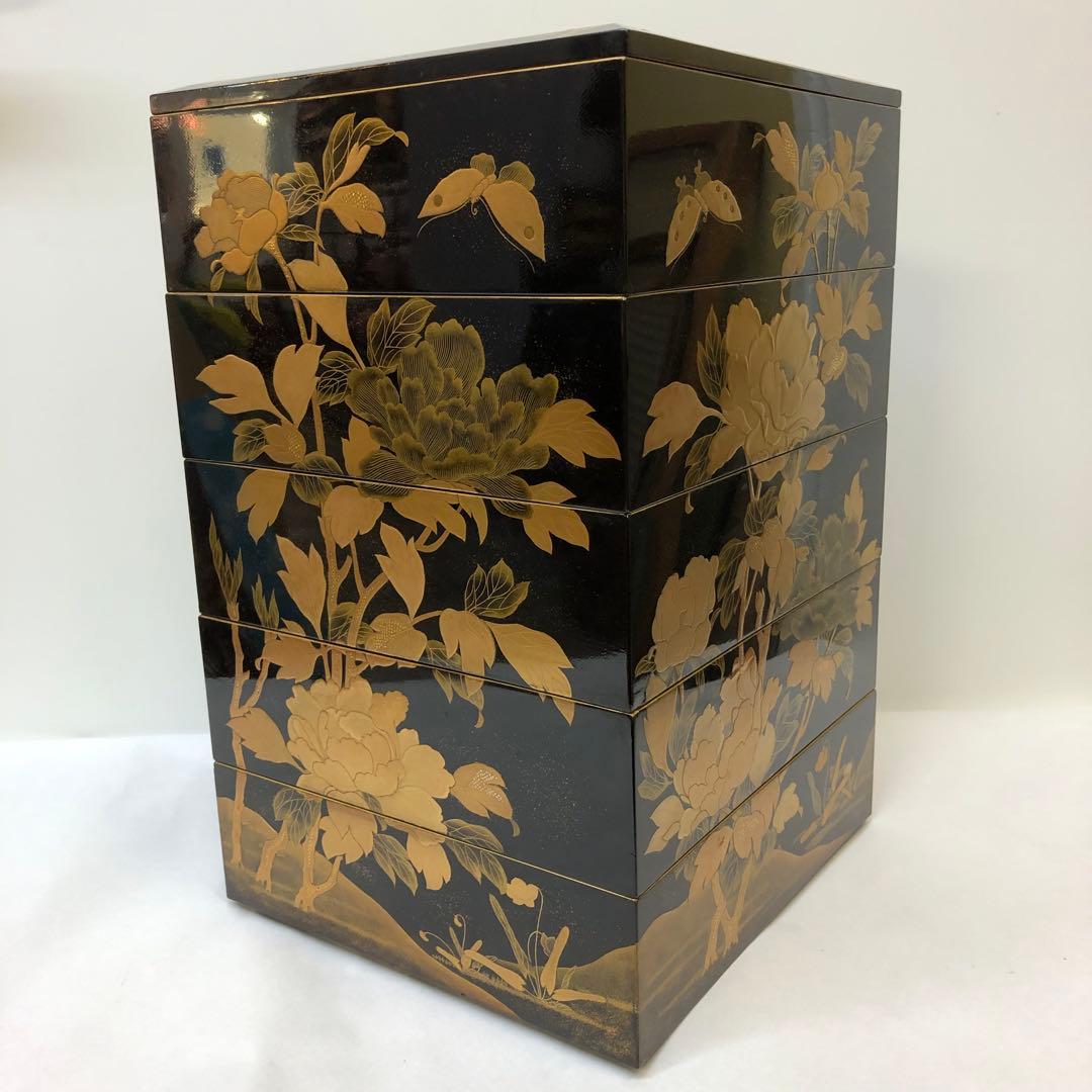 金蒔絵お重　漆器　木製　花鳥図柄　唐獅子図柄　五段重別蓋付き　共箱無