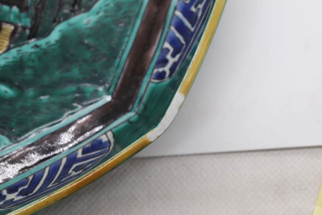 江戸　九谷焼　山水紋角皿　吉田屋　青手　送料込み0612