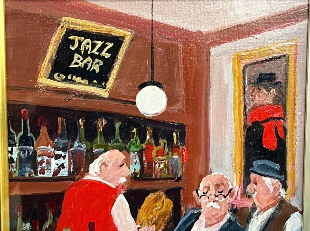 真作 田中 善明 油彩 Jazz BAR 額裏本人筆イラスト&サイン　日付入り