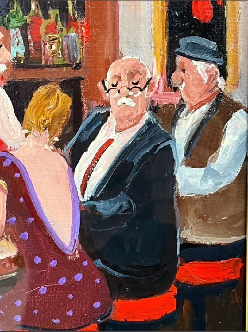 真作 田中 善明 油彩 Jazz BAR 額裏本人筆イラスト&サイン　日付入り