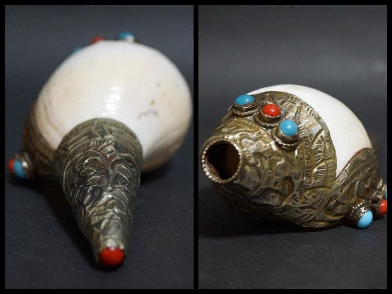 チベット密教法具法螺貝(シャンカ)銀製シルバー巻き手造り打出し『唐草紋』装飾仏教