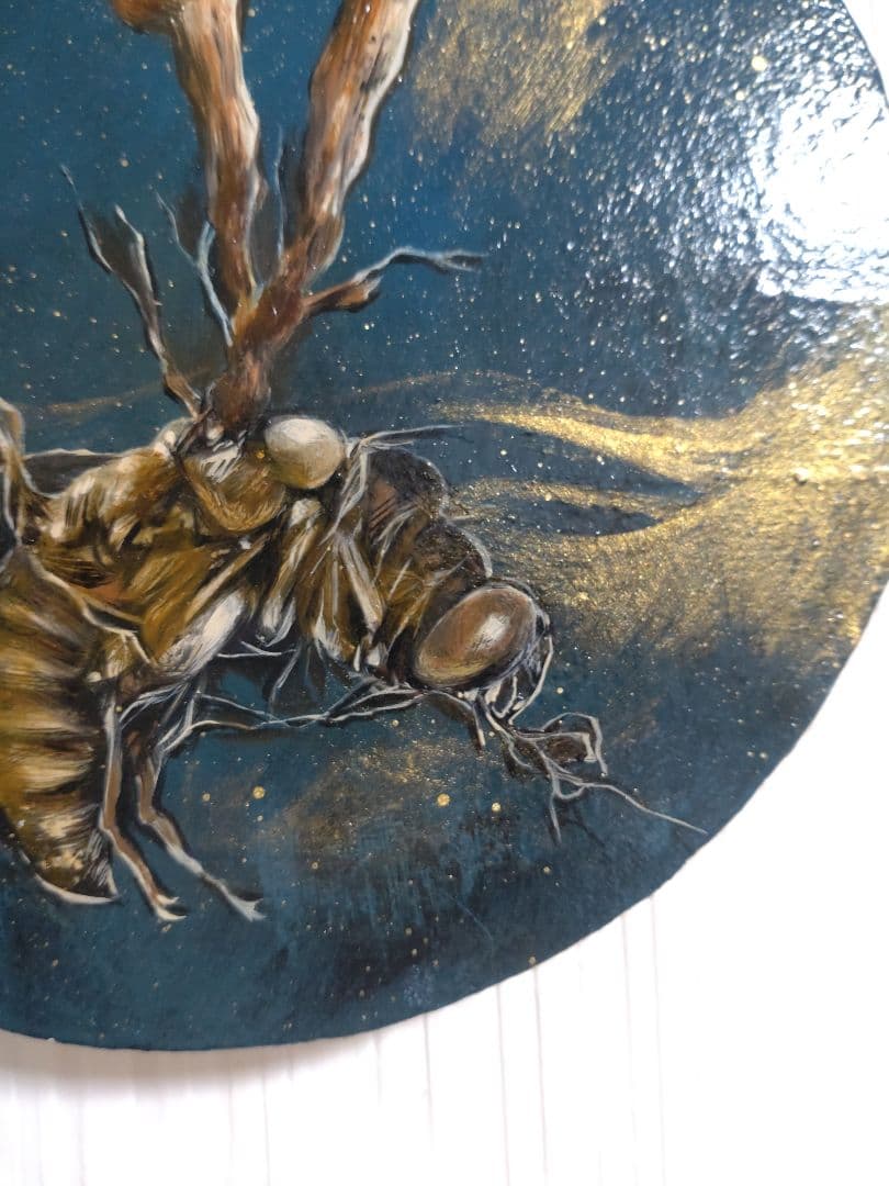 冬虫夏草の油絵【オオセミタケ】1点物の絵画◆作者サイン入り/円型キャンバス