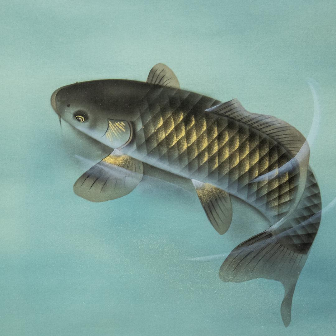 掛軸-1510　岡本珠洸　画　游鯉　共箱　鯉の名手