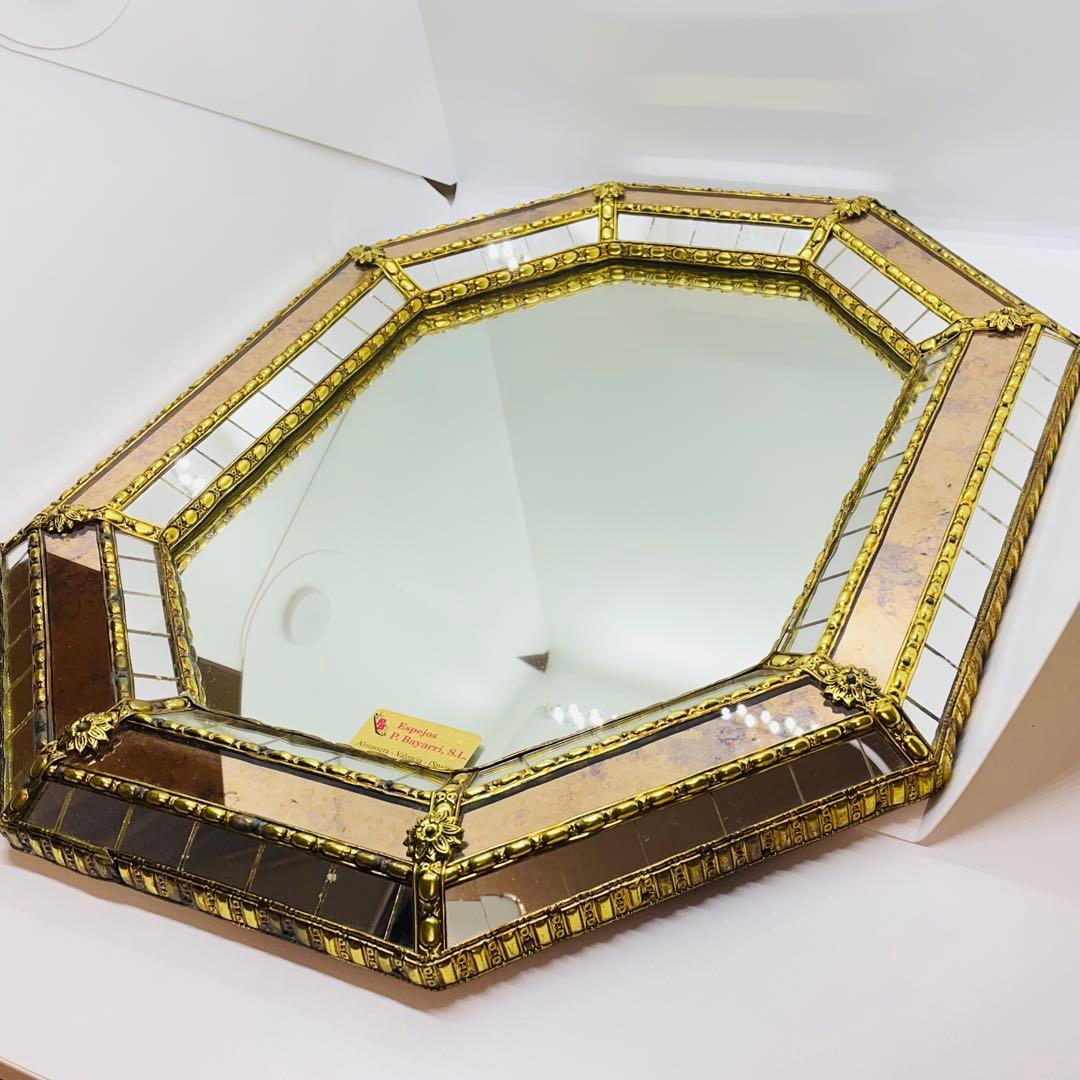 スペイン製 アンティーク 八角形 鏡 ミラー 金属枠 壁掛け ヴィンテージ 装飾