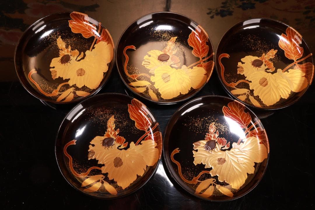 turu　BJ023 時代輪島塗　鬼灯図金蒔絵　吸物椀　八客　木製