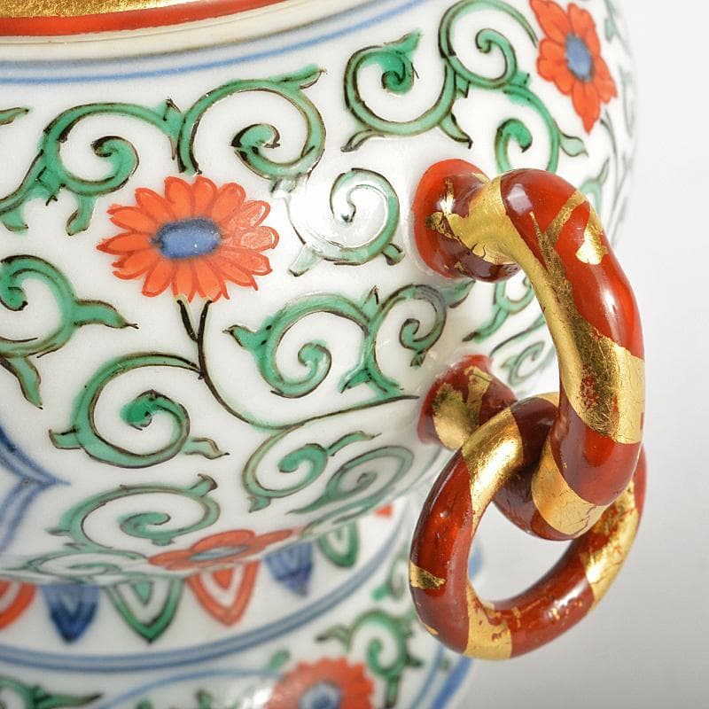 篩月庵　三浦竹泉造　赤絵金彩　花唐草龍文　双耳遊環香炉　共布共箱　J　R7438