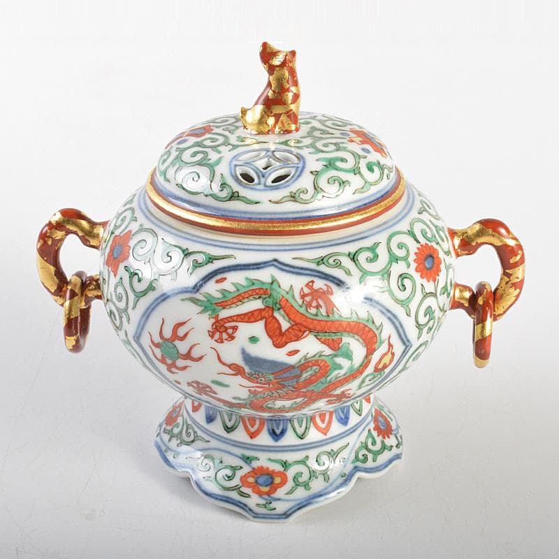 篩月庵　三浦竹泉造　赤絵金彩　花唐草龍文　双耳遊環香炉　共布共箱　J　R7438