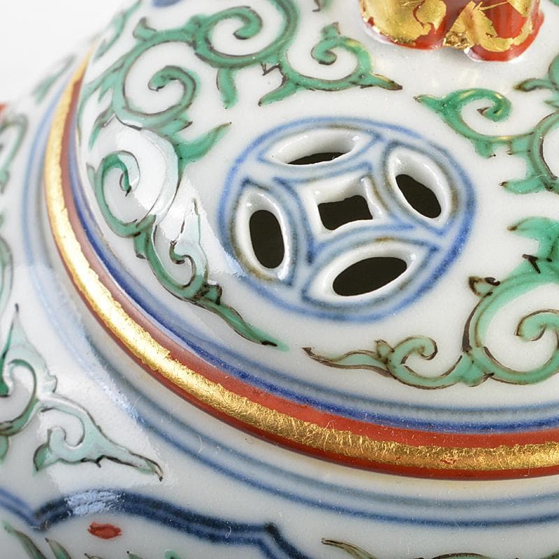 篩月庵　三浦竹泉造　赤絵金彩　花唐草龍文　双耳遊環香炉　共布共箱　J　R7438