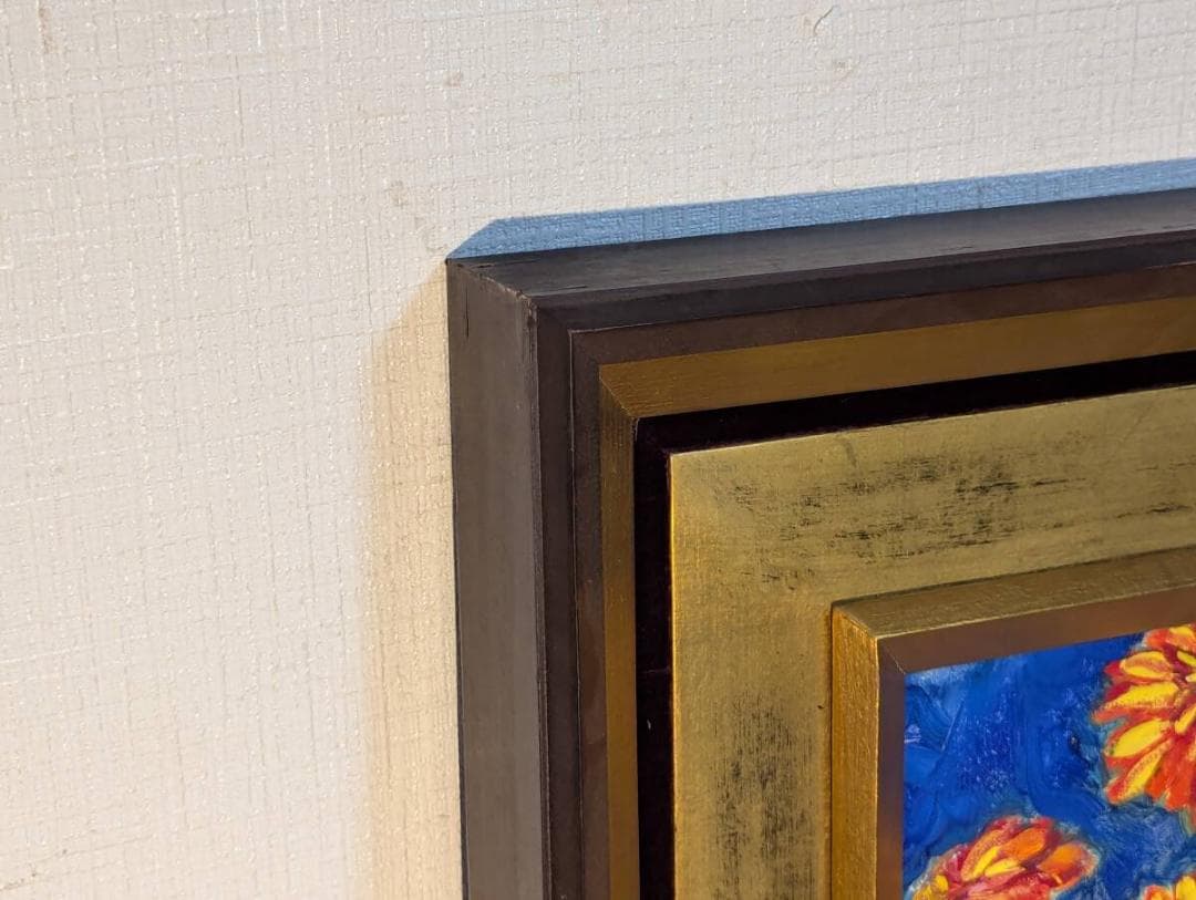 【真作】絵画　油彩4号　彩りの饗宴　花瓶に咲く華　鮮烈な赤と黄の花々　Y136