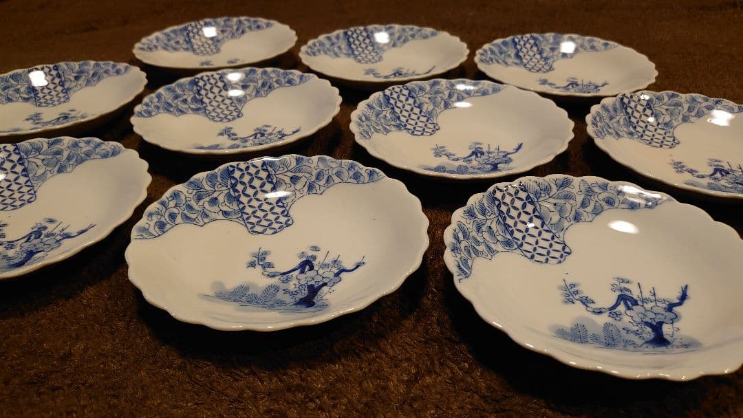 古伊万里　伊万里　染付　豆皿　菓子皿　華の図　小紋　１０客