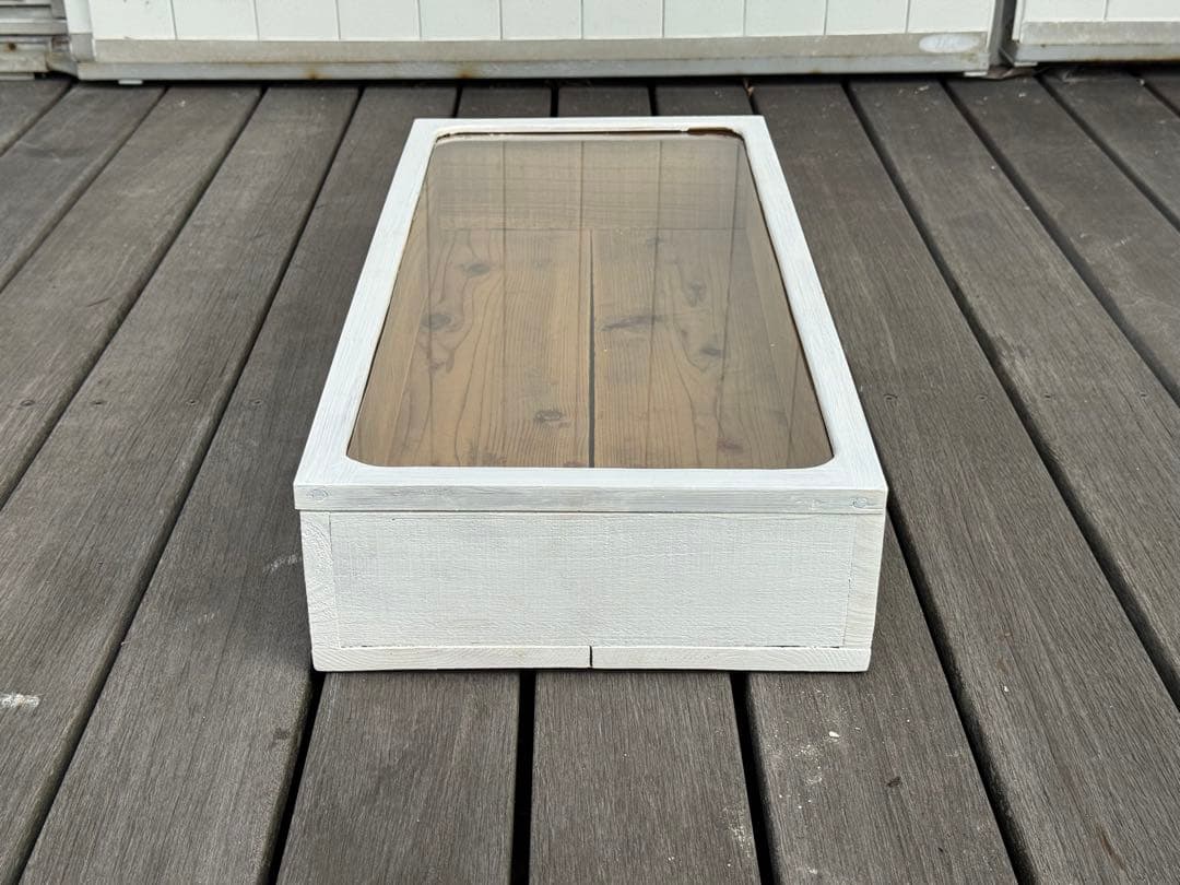 古道具 ホワイト木製ショーケース ガラス蓋付き ヴィンテージ