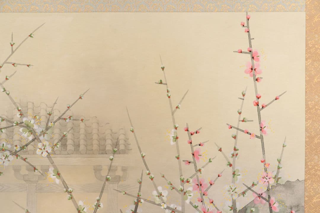 【真作】日本画 宮本昌雄「梅の寺」絹本 掛け軸 木箱 横物 MA434