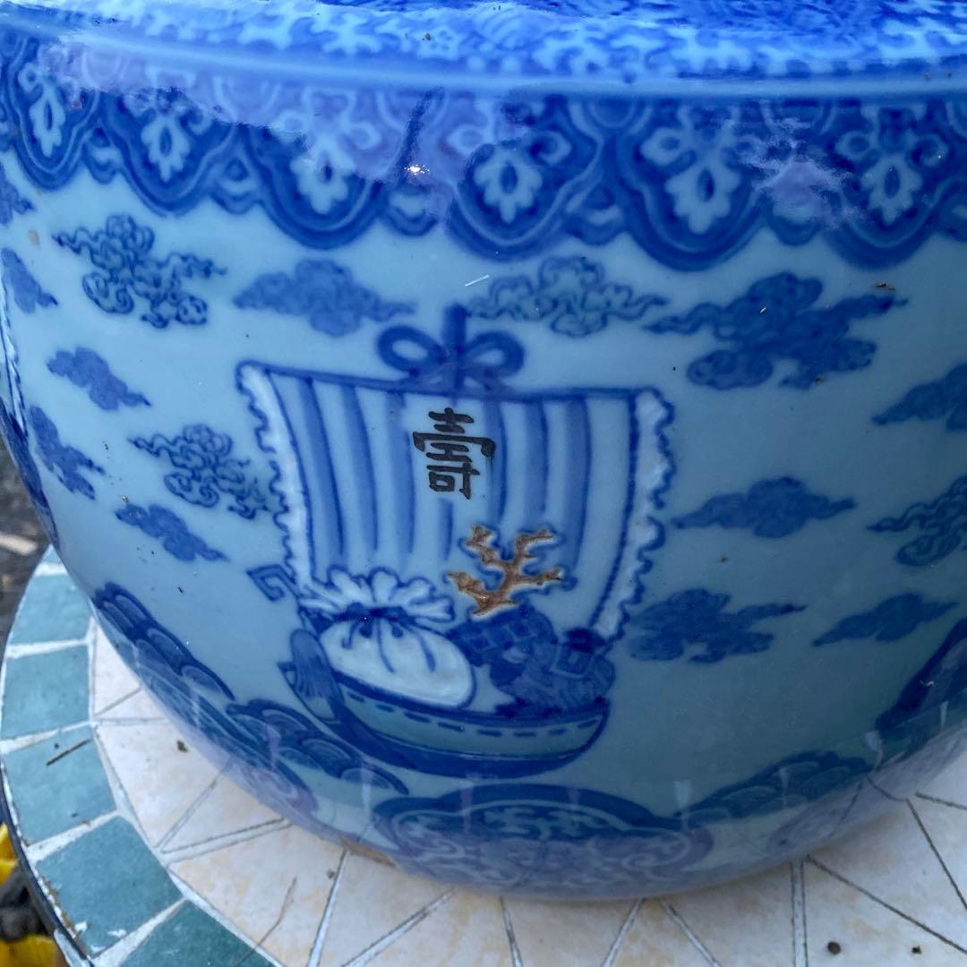 瀬戸火鉢　有田　宝船　宝舟　直径44cm ×高さ31cm 骨董　在銘