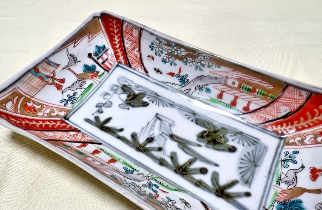 古伊万里　色絵鶴松竹梅楼閣文　長皿1枚　アンティ－ク