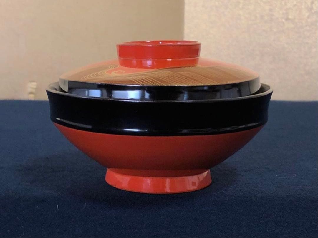 《R》懐石 蒔絵付 洗朱 吸物椀5客 木製漆器 木箱　260107か5