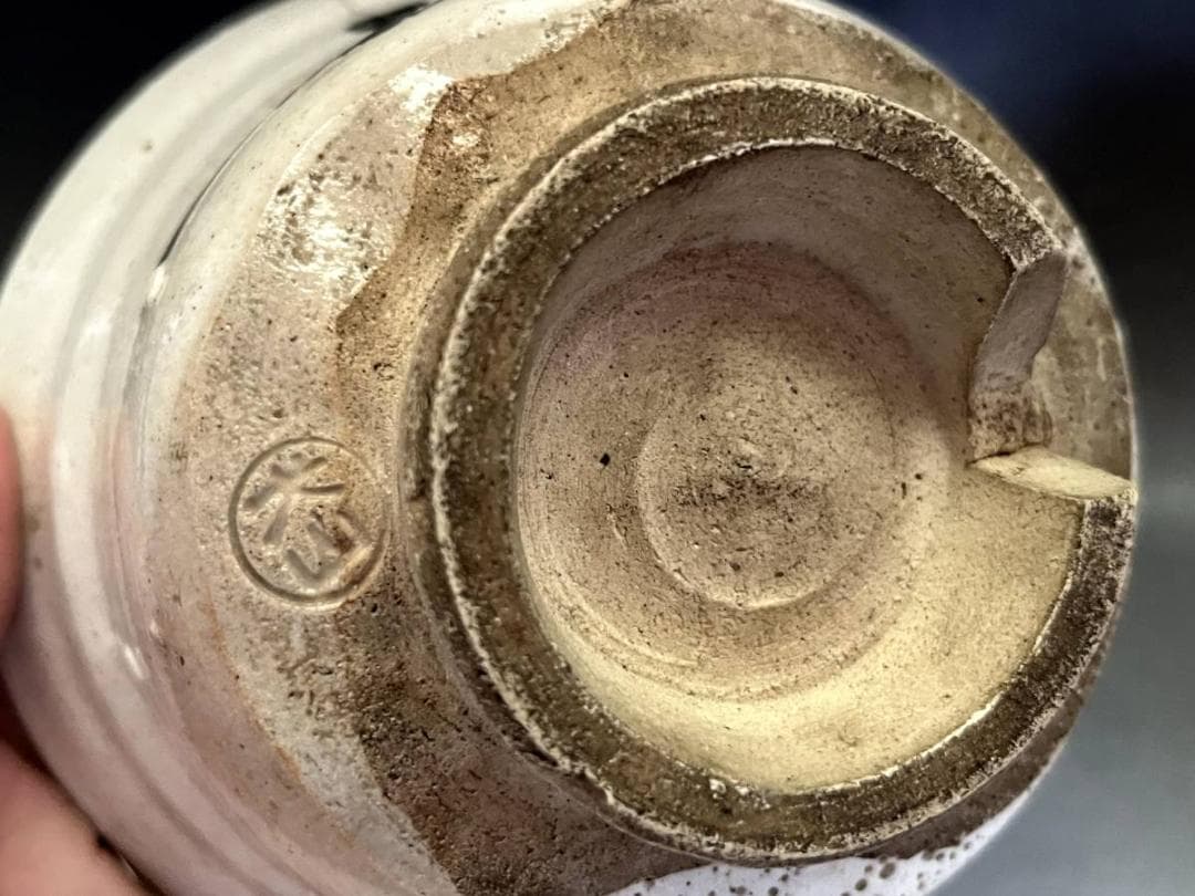 茶碗■犬山焼 白釉粉引き 秋桜絵（江戸期）お茶道具 仕覆、桐箱付 時代物 骨董■