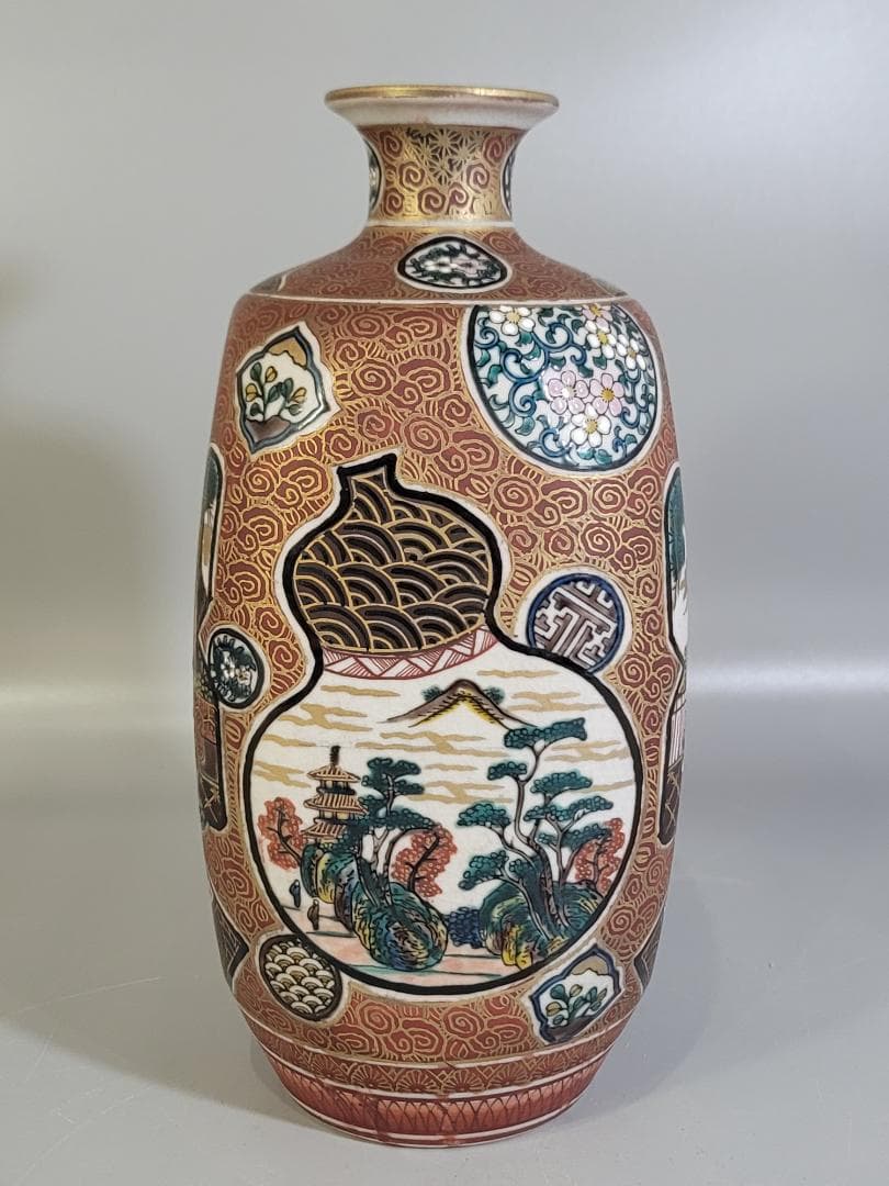九谷 庄三造 金彩赤絵 花瓶 明治期 DT312