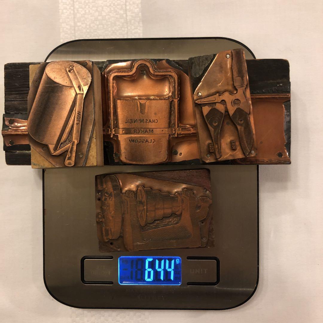 イギリス　アンティーク　印刷用スタンプ　真鍮と木材　４点セット