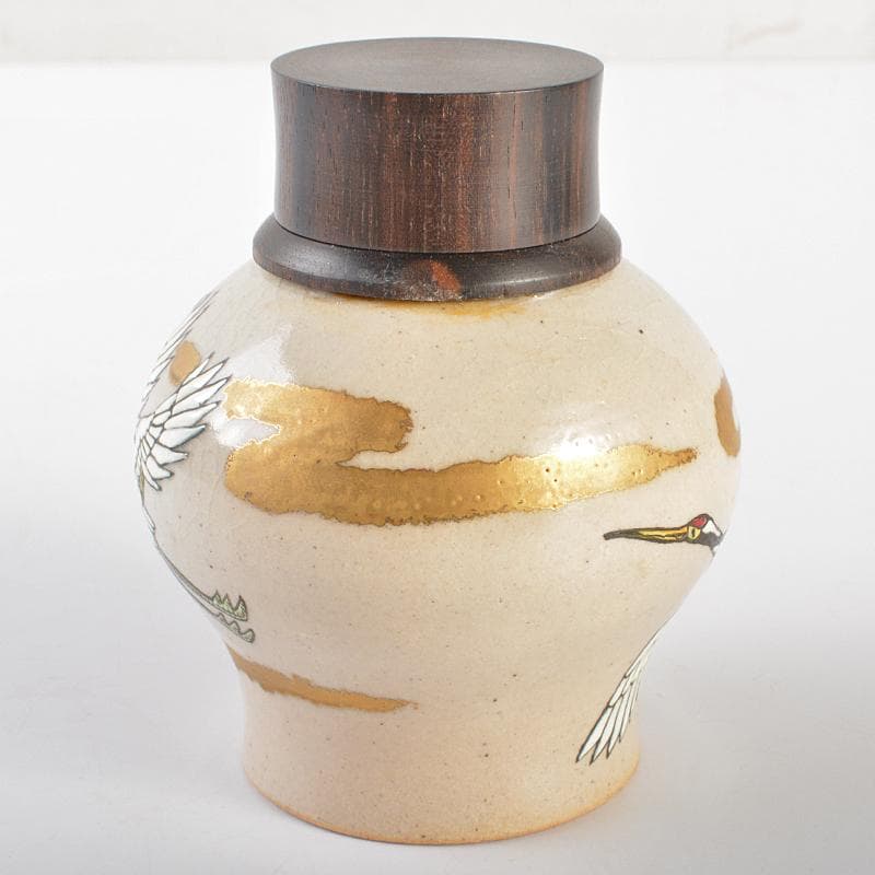 茶道具　萬古焼　山本太仙作　飛鶴盛絵　茶心壷　茶入　共箱　V　R6626