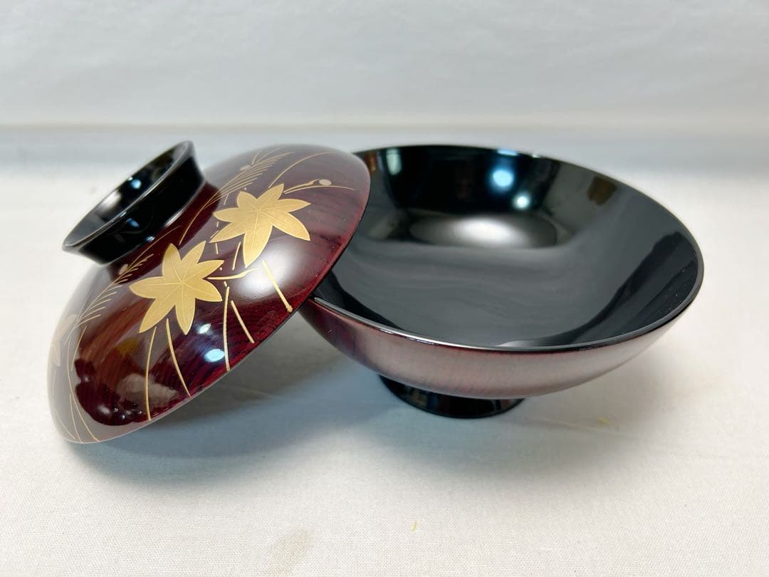 ほぼ未使用 懐石道具 木製溜塗 金彩紅葉蒔絵 吸物椀5客組 共箱