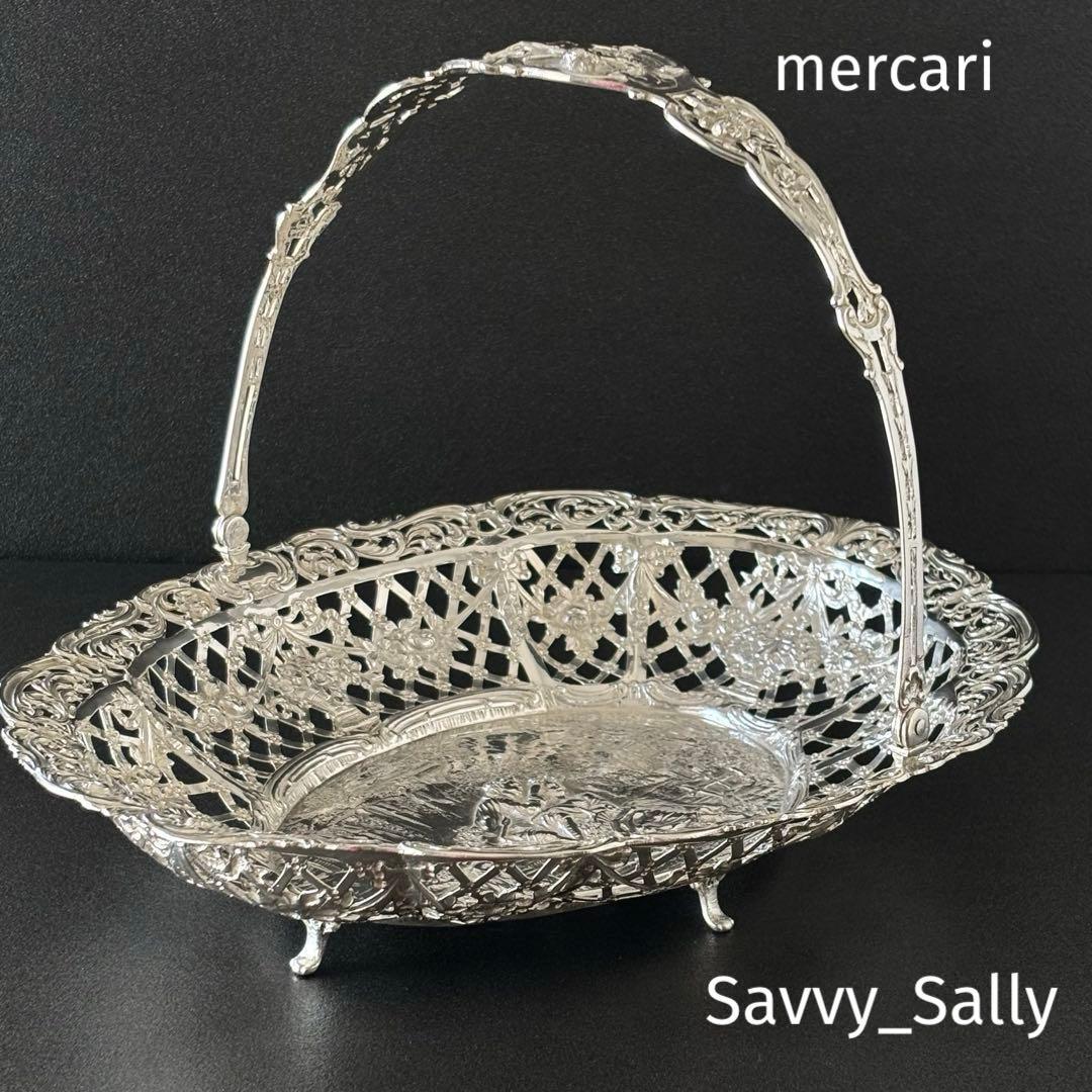 ドイツ製　アンティークシルバー　バスケット　ピアス細工　ロココ　リボン　天使